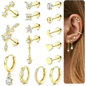 FLORIDECO 15-Pcs Fashion Earrings Set, Flat Back Surgical Steel Hypoallergenic Tragus Studs, Silver & Gold Helix Cartilage Piercing Jewelry for Women