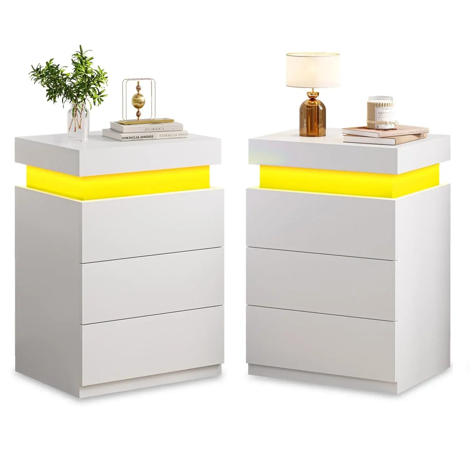 Sikaic LED Nightstand Set of 2 with Charging Station, White Bedside Tables with Drawers for Bedroom Furniture