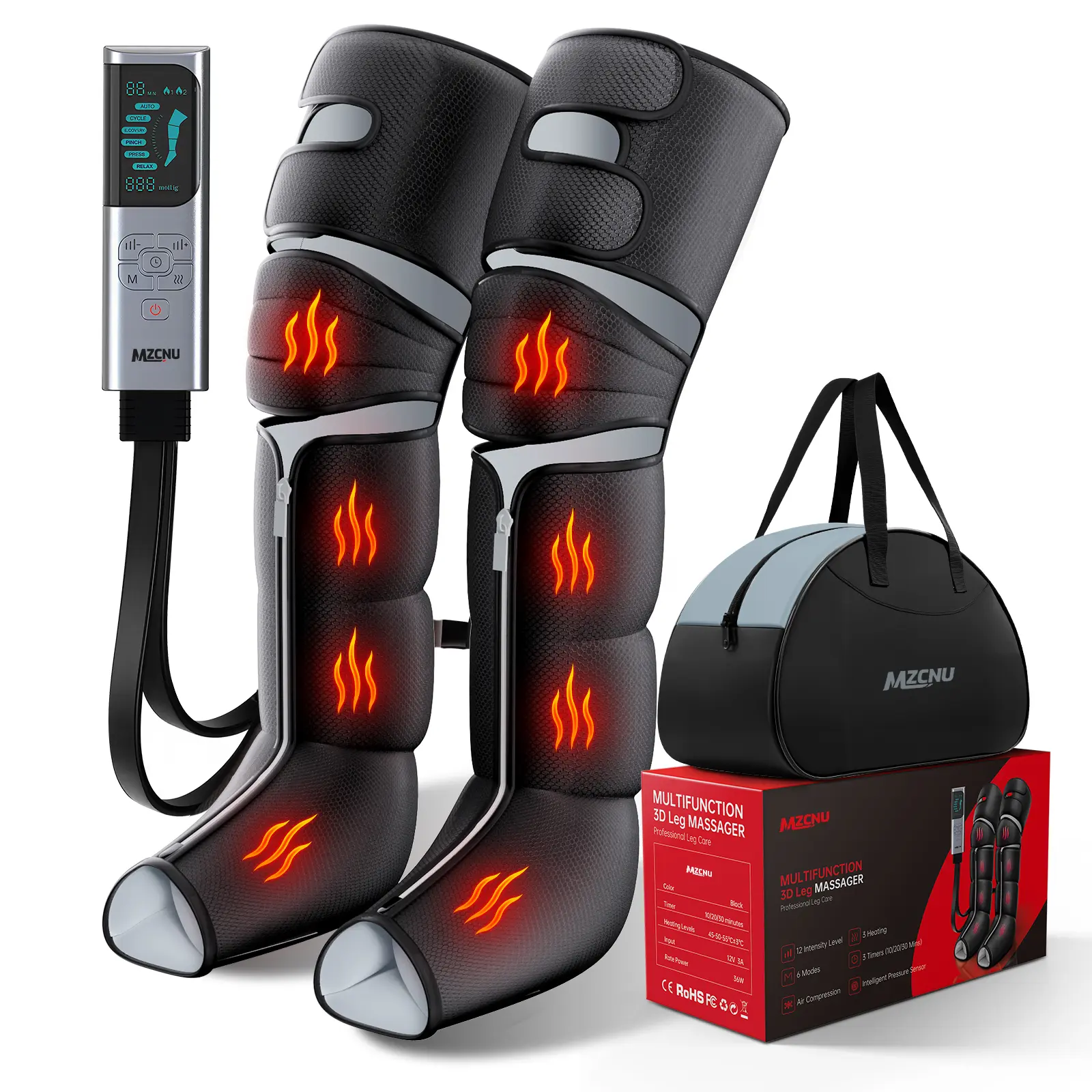 Leg Compression Massager for Circulation and Pain Relief, Compression Boots with Heated Knee, 6 Modes 12 Intensities 3 Timers, Foot Calf Thigh Recovery Machine, Gifts for Man Woman, Black