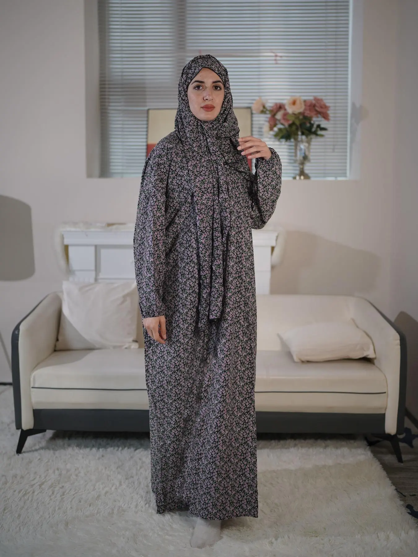 Women's Ditsy Floral Print Long Sleeve Arabian Modesty Abaya Dress with Hijab, Chic Modest Casual Zipper Long Dress for Daily Wear, Modest Muslim Outfits, Muslim Clothing Abaya Hijab Set for All Seasons