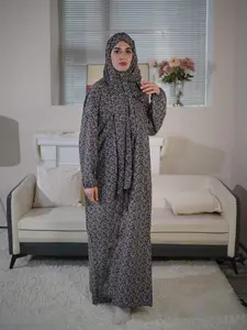 Women's Ditsy Floral Print Long Sleeve Arabian Abaya Dress with Hijab, Chic Modest Casual Zipper Long Dress for Daily Wear, Muslim Clothing for All Seasons