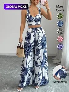 Women's Boho Style Floral Print Sleeveless Top & Belted Straight-Leg Pants Set, Casual Summer Outfit for Vacation