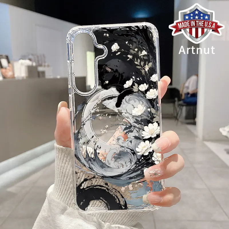 Compatible with Galaxy S24 Plus S25 S23 FE S22 Ultra S22+ MagSafe Case Ink-Wave-Camellia Pattern Acrylic Hard Back Soft Silicone Edge Bumper Sockproof Mobile Phone Cover for Girl
