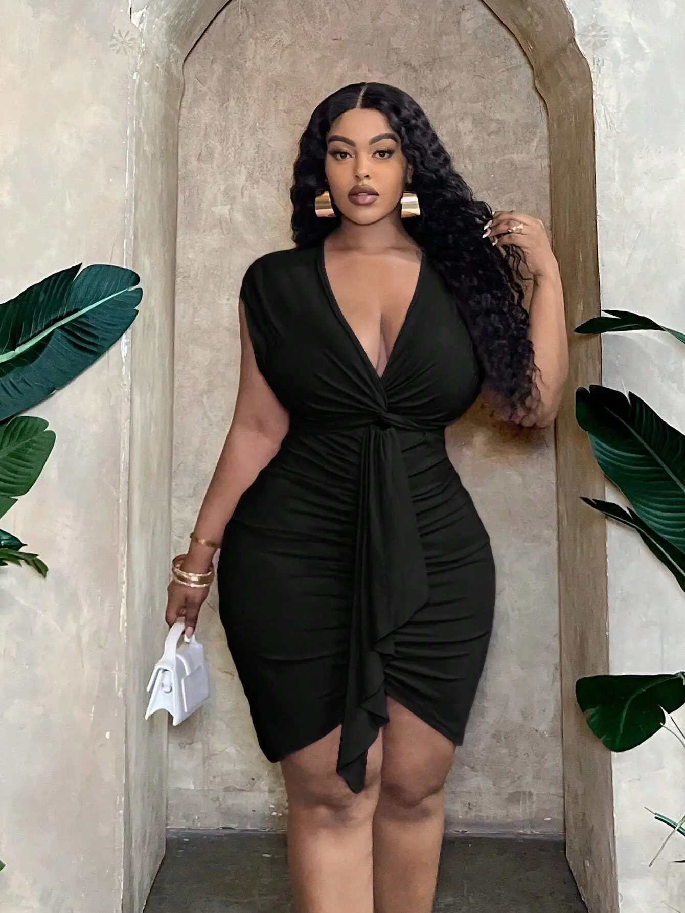 2026 New Large-Sized Women's Sexy Pure Erotic Dress for Summer - V-neck, A-line, Ruched, Full-Hips Short Skirt