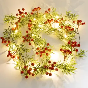 Christmas Garland with Lights  Operated - 5.6ft 20 LED Red Berry Lighted Christmas Garland, Christmas Decorations Prelit Garland Indoor Outdoor Fireplace, Stair, Railing, Mantle Decor