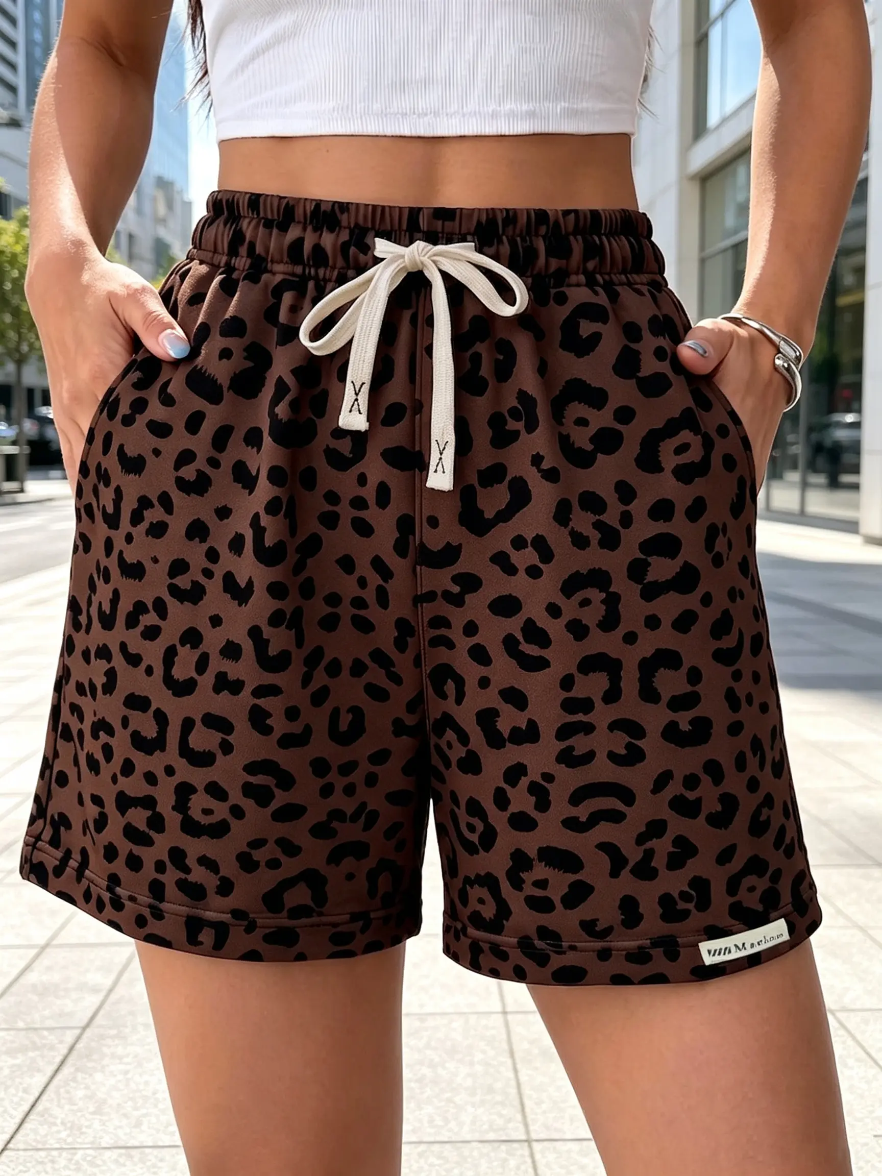 Women’s Summer Leopard Print Athleisure Casual Bottoms - Female Active Gym Shorts with Elastic Waistband, Drawstring, Loose Cut, Suitable for Home Activities, Outdoor Running, Travel