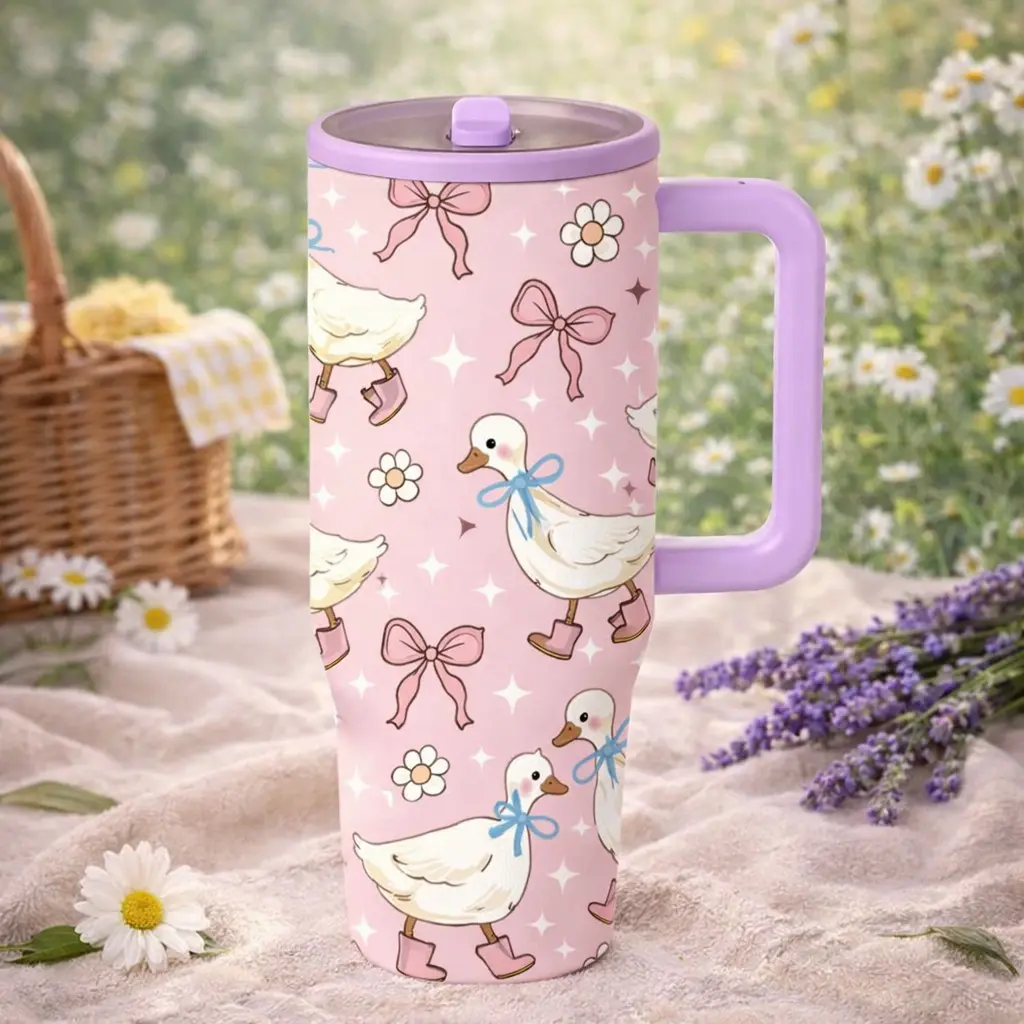 1 Pc Cute Duck Insulated Mug With Handle, 40oz Pink Aesthetic Thermal Mug, Double Wall Vacuum Cup, Leakproof Insulated Tumbler, Leak Proof Lid, Keeps Hot 12 Hours Cold 24 Hours, Kawaii Drinkware Gift For Women Girls, Coffee Tea Daily Use Thermo Tumbler