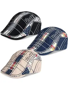 3 Pack Men Beret Hat Patchwork Newsboy Hats Adjustable Cabbie Hats for Men Flat Cap for Driving Hunting Fishing Outdoor Activities Casual Hat