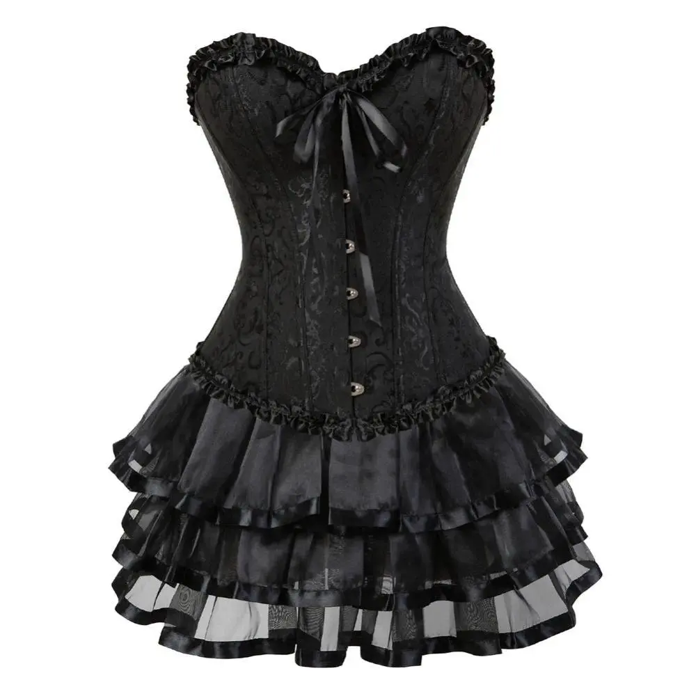Women's Plus-Size 2-Piece Overbust Corset & Tutu Skirt Set - Lace-Up Vintage Corselet with Steel Busks in the Front for Party Festivities (Black)