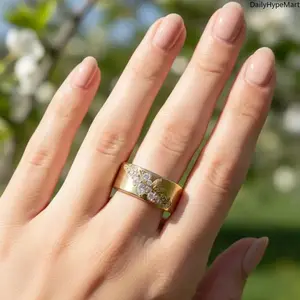 Vintage Wide Band CZ Leaf Inlay Ring, April Birthstone Royal Court Style