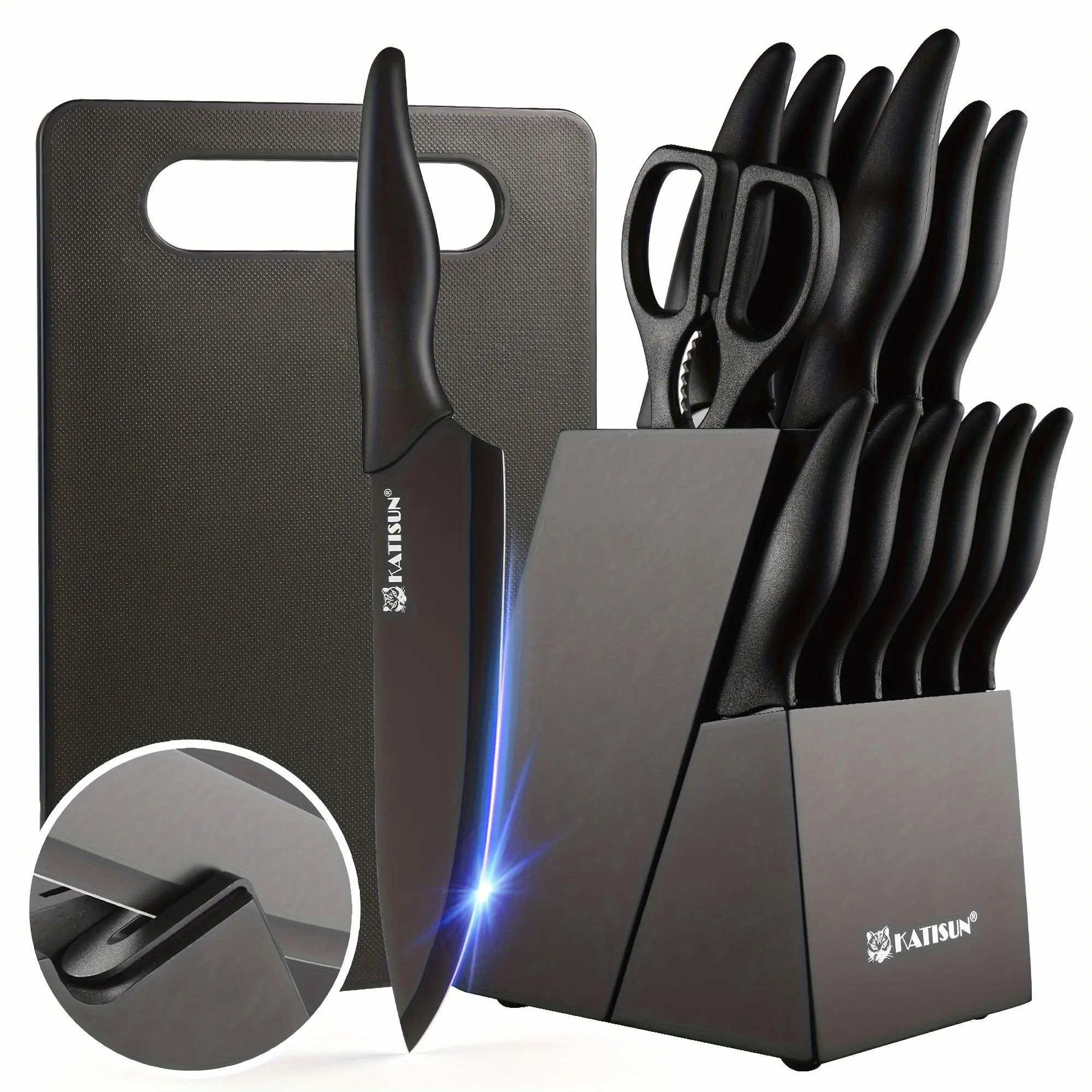 15pcs Professional Black-Coded Knives Kitchen Set with Black Wooden Block, Non-Slip ABS Handle Chef Knife, Plastic Cutting Board, Kitchen Shears - Ideal for Home Use, Gift for Thanksgiving, Christmas