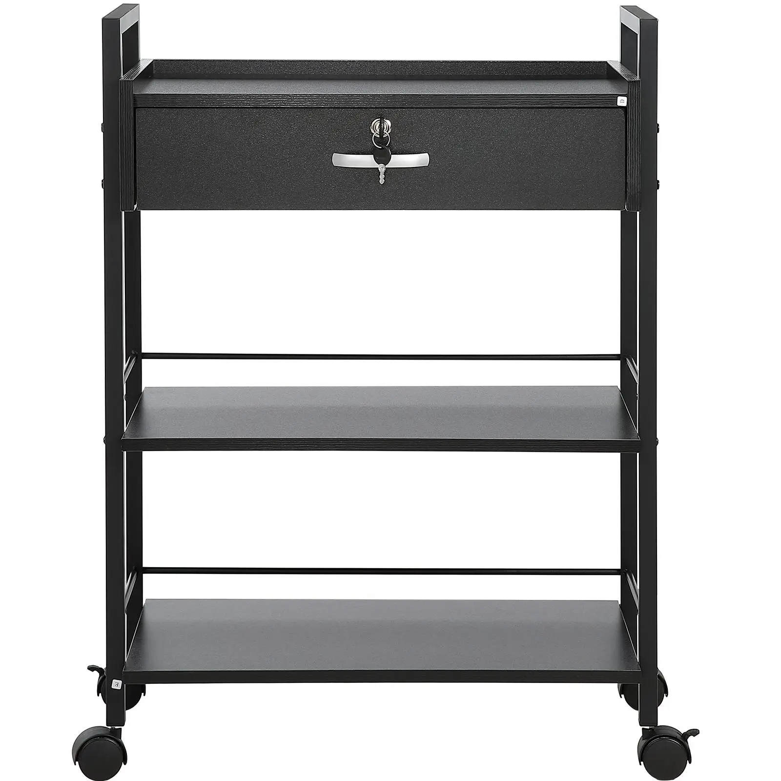 【Backtoschool】VEVOR Sturdy MDF Board Beauty Salon Trolley Cart, 3-Tier Makeup Vanity Station with Lockable Drawer, Side Guardrails, 4 Rolling Wheels (2 Lockable) for Salon Stylists, Spa, Vanity Makeup, Storage