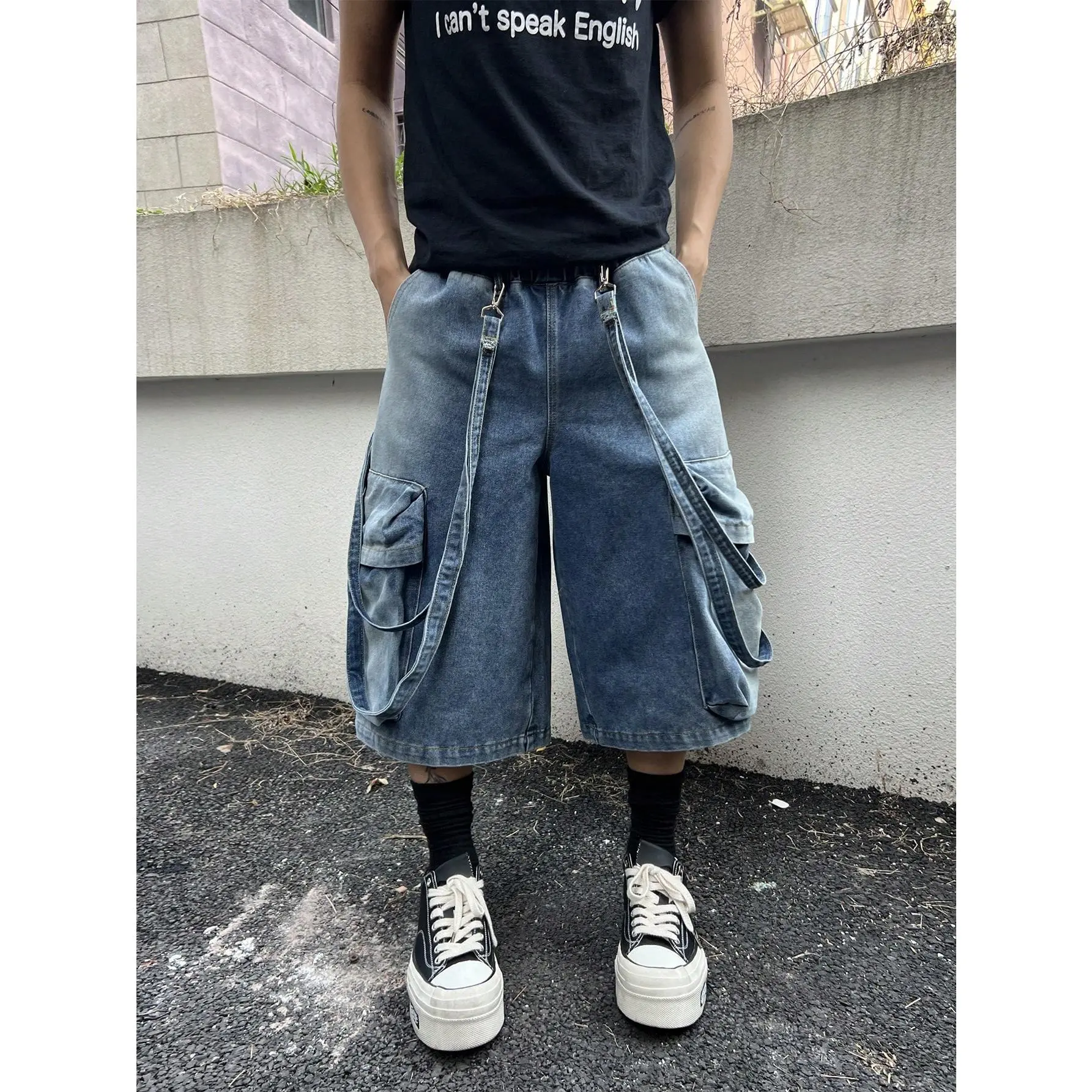Men's Medium Wash Denim Bermuda Shorts With Zipper Details And Cargo Pockets Going Out Urban Hang Out Party Street