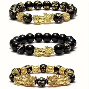 3Pcs Feng Shui Lucky Charm Beaded Bracelets for Men & Women - Natural Stone, Money Attraction Pixiu Design Black Bead Money Attraction Bracelet