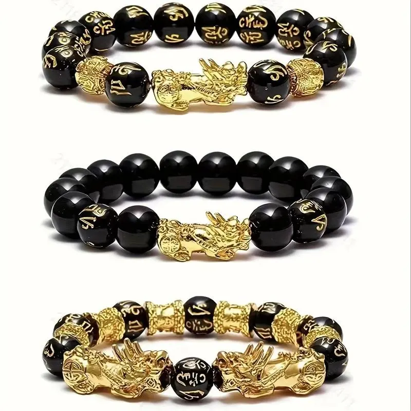 Unisex 3-Pcs Feng Shui Energy Beadwork Bracelets - Black Beads, Pixiu Animal Shaped Collectible Charm, Money-Attracting Bangle, Asian Style Charm Bracelet for Daily Wear & Stacking