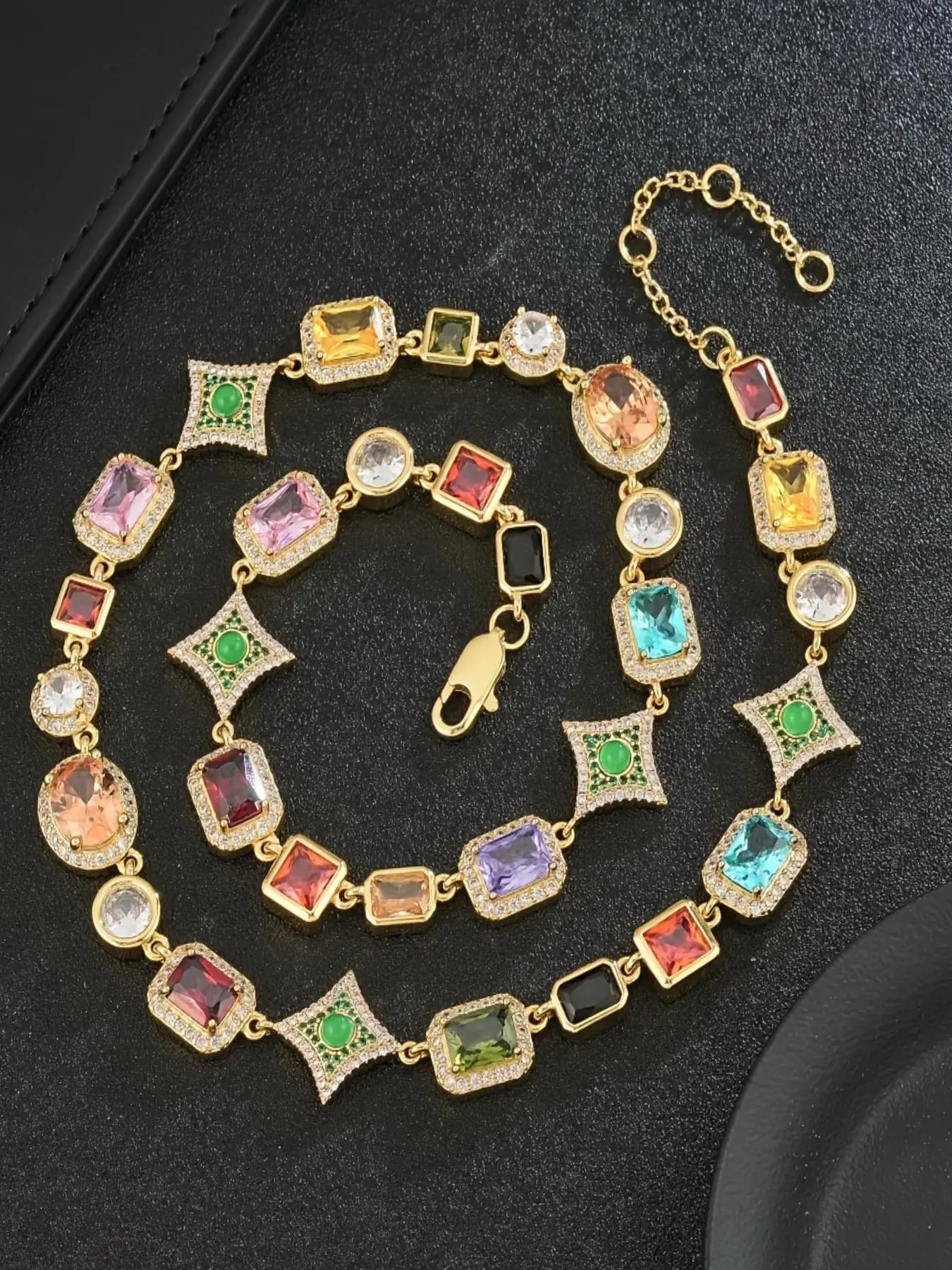 Vintage Colorful Stone Decorated Necklace, Zircon Stones Necklace for Party, Daily Clothing Decor, Jewelry for Birthday Gift, Gemstone Necklaces, Accessory Necklace