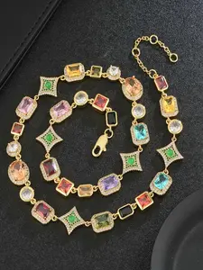 Vintage Colorful Stone Decorated Necklace, Elegant Zircon Stones Necklace for Party, Daily Clothing Decor, Trendy All-match & Exquisite Jewelry for Birthday Gift, Fashion Jewelry Accessories, Multicolor Gemstone Decorated