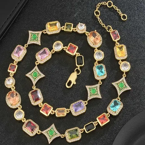 Vintage Colorful Stone Decorated Necklace, Zircon Stones Necklace for Party, Daily Clothing Decor, Jewelry for Birthday Gift, Gemstone Necklaces, Decorative Necklace, Accessory Necklace