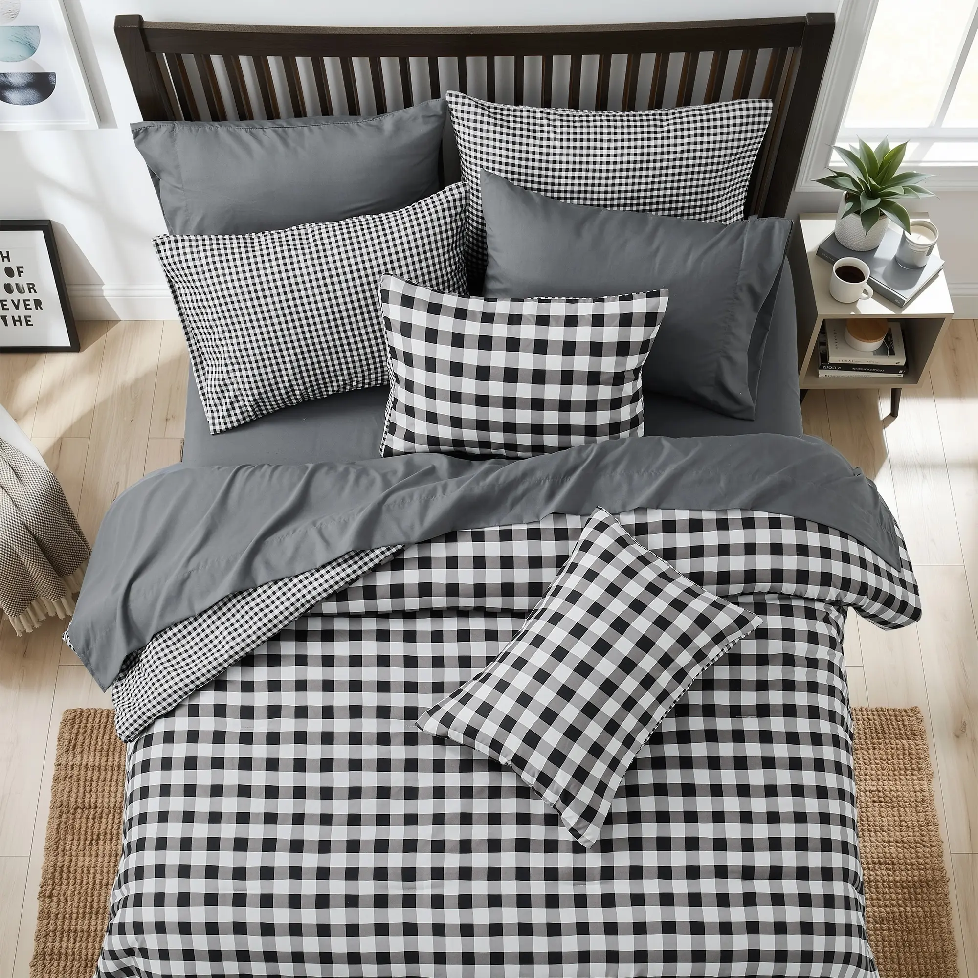Reversible Check Plaid Microfiber Comforter Set, Vintage Gingham Bedding, All Season Bed In A Bag