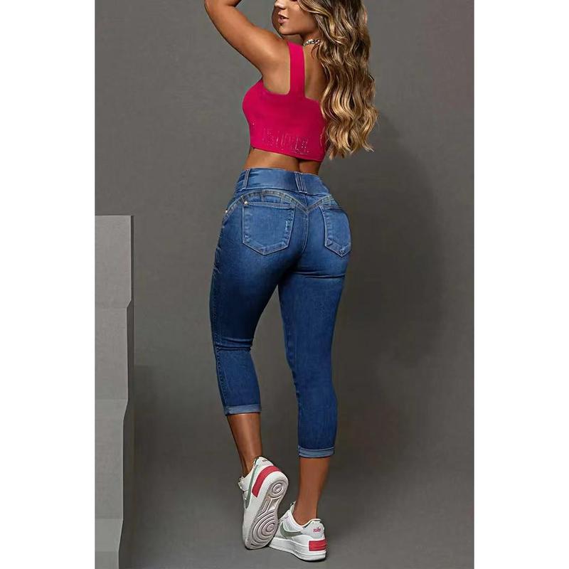 Women's High-Waisted Denim Capri Bottoms with Pockets, Blue, Comfortable Fit, Casual Style, Perfect for Everyday & Daily Wear