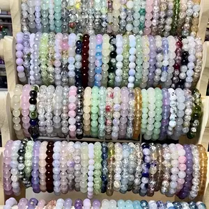 10pcs/20/30 Sets Of 8mm Multi-color Beaded Glass Bracelets, Unique Crack Design for Daily Wear And Gifting, Sparkling Semi-transparent Adjustable Glass Bracelet with Slight Color Variation, Unique Pattern Design