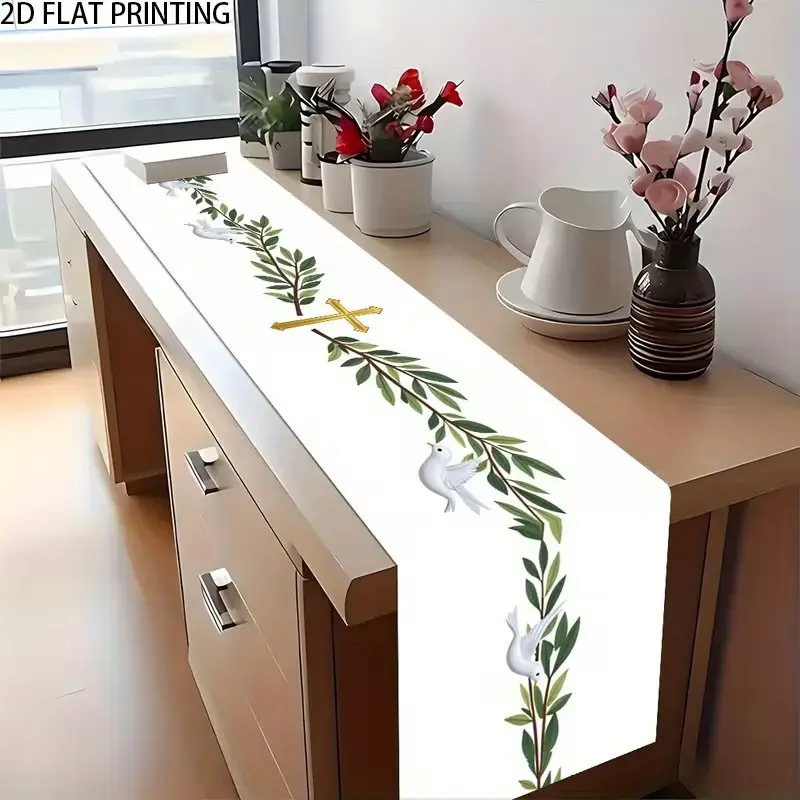 2D flat printing, 1 table flag, olive cross for peace, linen fabric, Elegant rectangular holiday tablecloth, suitable for kitchen, restaurant, and holiday party decoration, table flag decoration