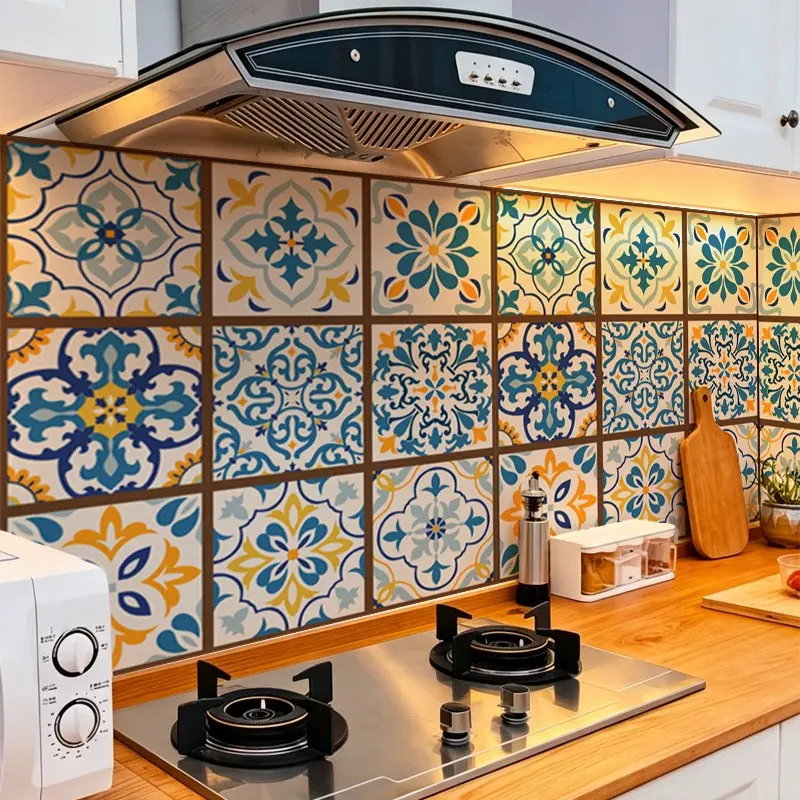 Bohemian Moroccan Blue Yellow Floral Peel and Stick Backsplash, Removable Heat Resistant Waterproof Oilproof Contact Paper, Kitchen Decor Sticker for Stove Cabinet Countertop 40×500cm 15.8×196.85in