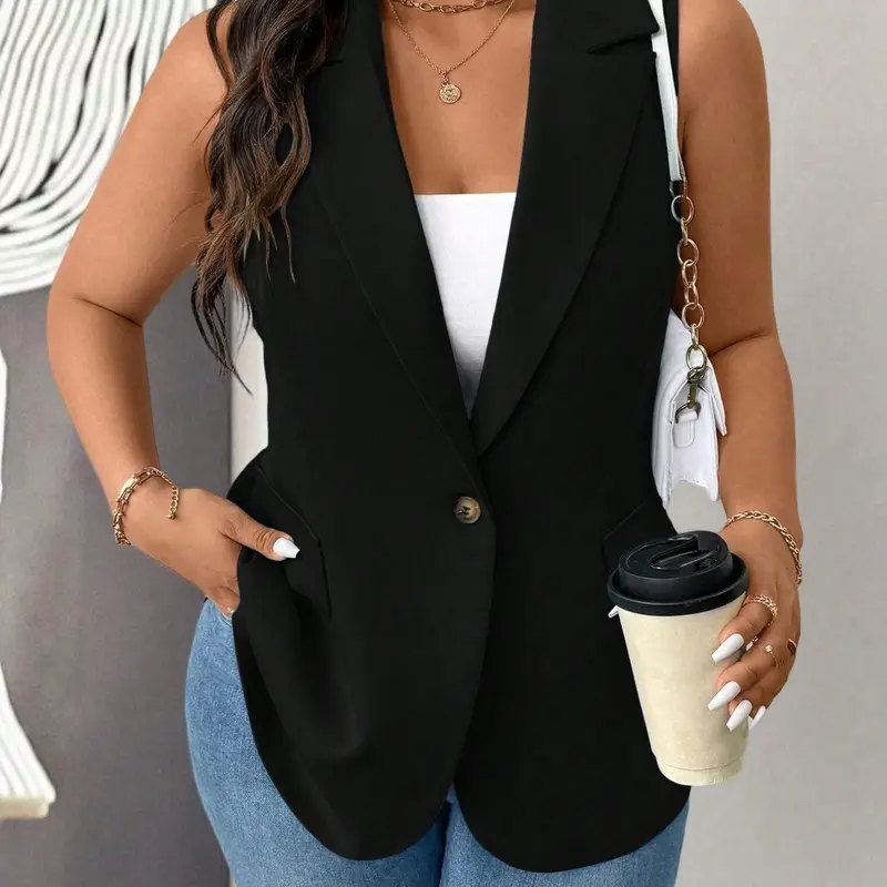 Women's Plus Size Sleeveless Blazer Vest, Gilet, Elegant Slim Fit, Notch Lapel Single Button Design, Business Casual Office Wear, Business Work Clothes, Teacher Professional, Graduation Fashion