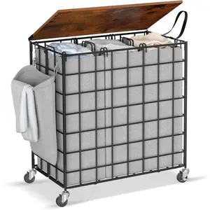 Laundry Basket with Wheels, Laundry Sorter 3 Sections, 140L (37Gal.)Large Capacity Laundry Hamper with Wood Lid, 360 Rolling Wheels, Side, Pull Handle (Grey)