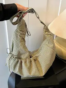 Artistic style casual versatile textured plaid shoulder bag, retro fashion niche personality large capacity pleated crossbody bag, with drawstring drawstring design, Quilted shoulder crossbody, suitable for commuting and shopping, Checkered Sling Bag