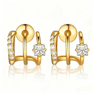 14K Gold Plated Triple Huggie Illusion Stud Earrings , Wrap Earrings for One Hole, Gold Hoop Drop Earrings for Women