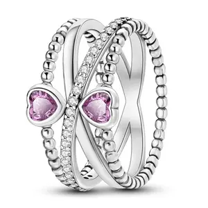 MULA Women's Silver-Plated Infinity Heart Design Ring - Pink CZ Crystals, Beaded Statement Multi Ring, Valentine's Day Anniversary Gift Jewelry