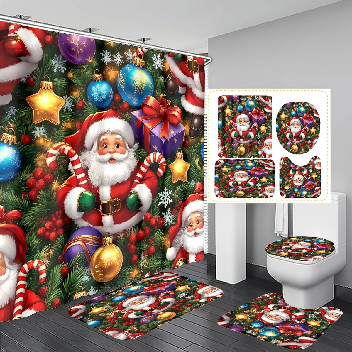 Christmas Bathroom Set with Santa Claus Pattern, Includes Shower Curtain, Bath Mat, Toilet Lid Cover, Hooks, Holiday Decorations