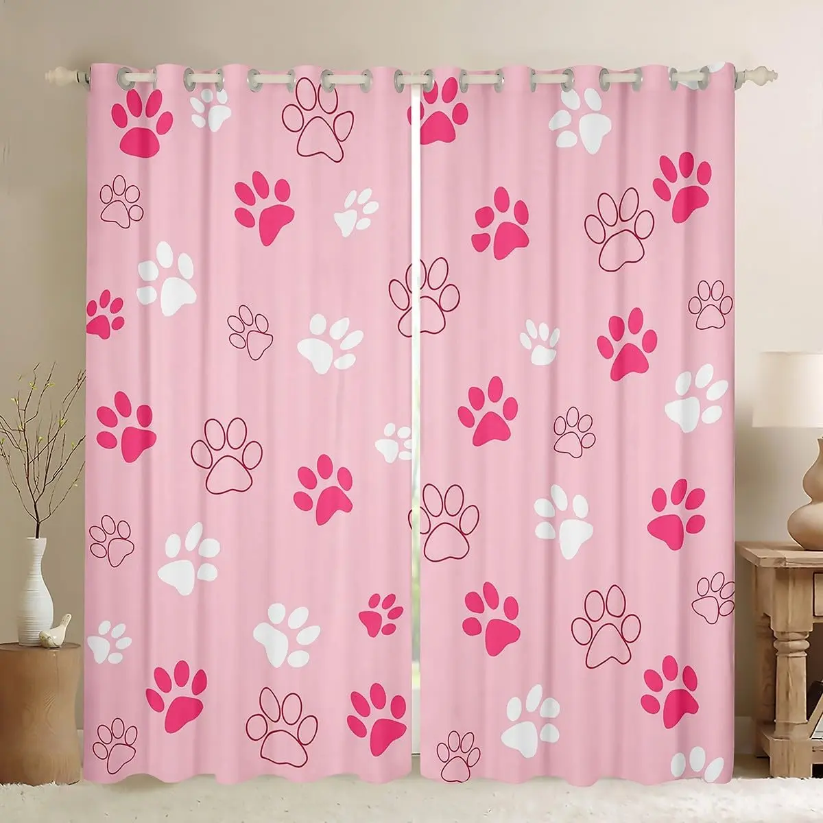 Feelyou 2-Panel Pink Dog Paw Blackout Curtains (42x63 in) - Velvet Fabric, Soft Texture, All-Over Beautiful Animal Decorative Curtains, Blackout Privacy Drapes for Bedroom Pet-Themed Window Treatments, All-Over Print Curtains