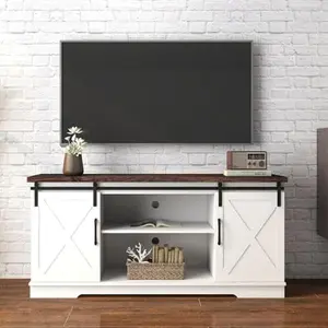 Mid Century Modern TV Stand for 59 inch TV - Entertainment Center with Sliding Barn Doors, Storage Cabinets, Media Console for Living Room, Bright White