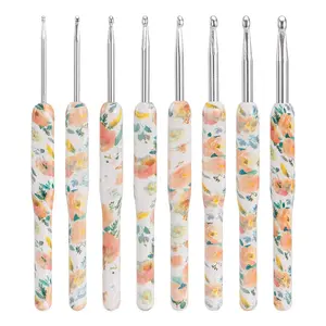 8pcs Set Light Print Crochet Hooks, DIY Single Head Knitting Tools, Floral Plastic Handle and Aluminum Hook Tips, 2.5mm-6.0mm