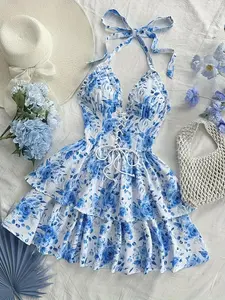 Vintage Style Blue and White Watercolor Rose Print Halterneck Mini A-Line Dress with Lace-Up Detail at the Back, Ruffled Embellishment | Ruffled Hem & Drawstring Waist - Sleeveless Resort Dress for Women, Spring/Summer Collection, Cute Dress, Halloween, C
