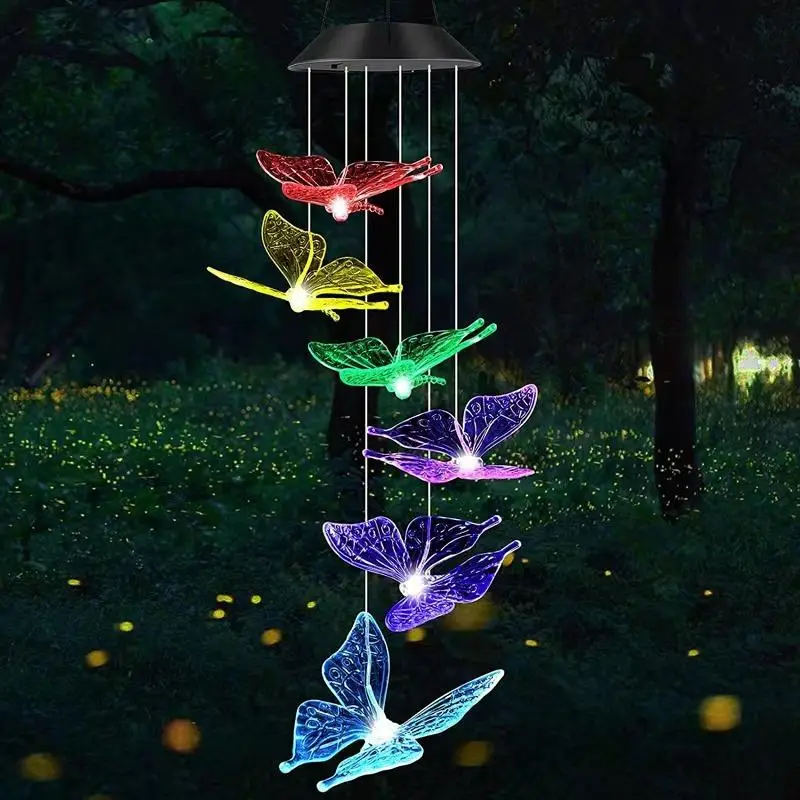 Solar Powered Butterfly Design Wind Chime Light, 1 Count Color Changing Decorative LED Light, Holiday Atmosphere Light, Waterproof Landscape Light for