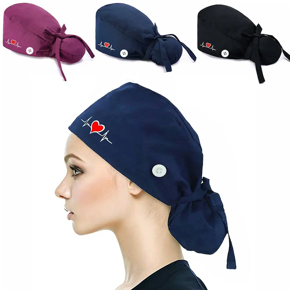 Women's Adjustable Scrub Caps (3 Pcs) - Lightweight Breathable Adjustable Hat with Ponytail Holder for Nurses, Hospital Professionals, Healthcare, Floral, Daily, Heart Motif, Flexible, Basic, Beanie, Heart Design, Unisex, Doctors, Polyester