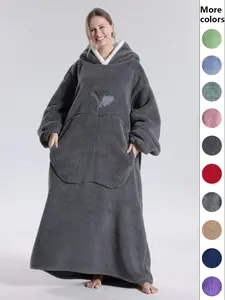 Women's Solid Pocket Hooded Flannel Lounge Robe, Casual Drop Shoulder Long Sleeve Robe, Oversized Blanket Hoodie, Soft Fluffy Blanket, Sherpa Fleece Wearable Blanket with Big Pocket, Women's Sleepwear for Fall & Winter, Fluffy Pajamas