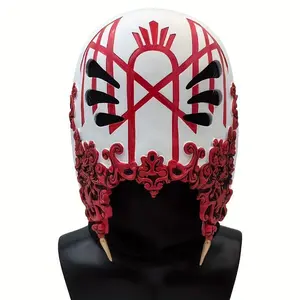 Rock-inspired mask decorated in red, white, and black with decorative carvings, lightweight and durable | Strap included for Halloween, Hanukkah, Easter, costume parties, and themed events