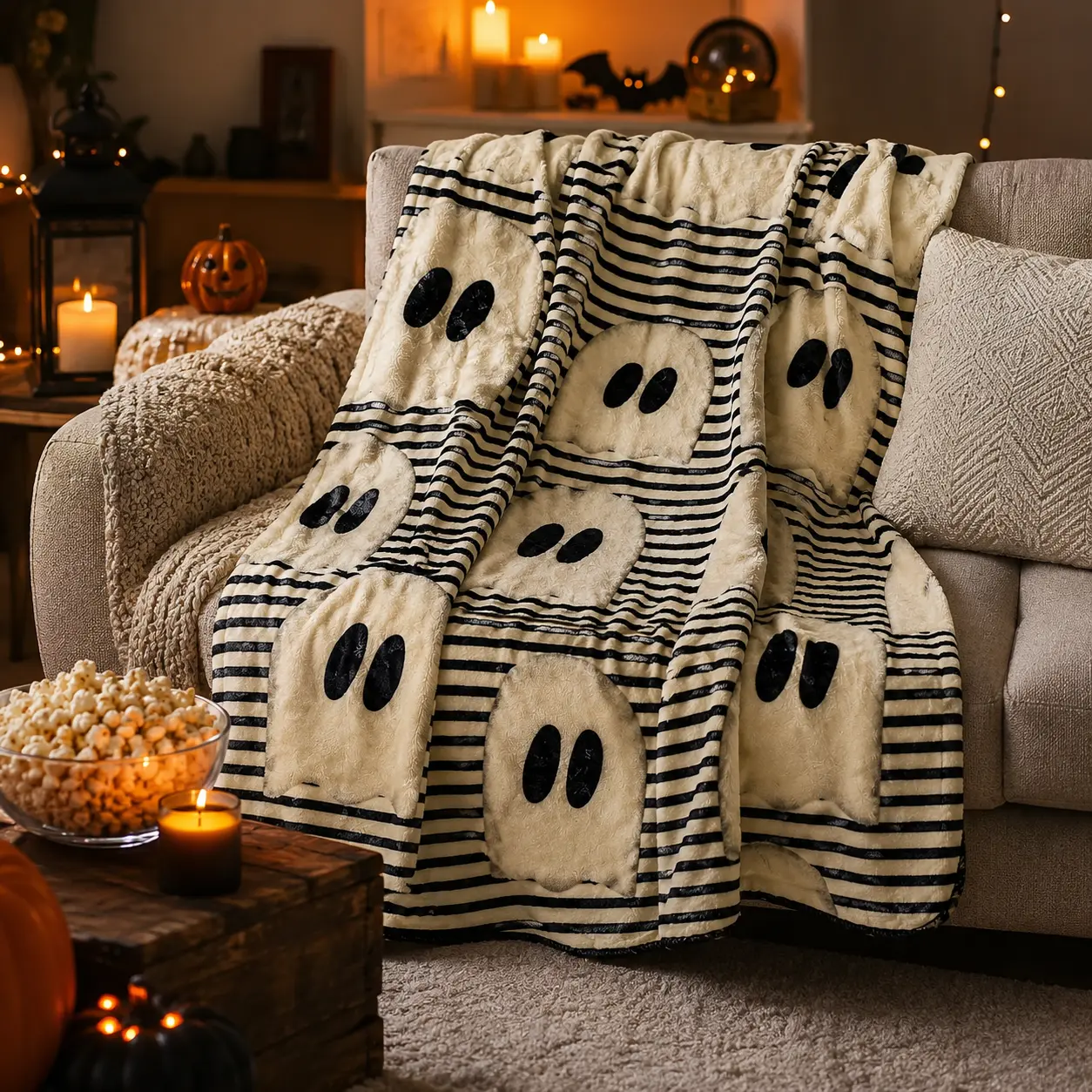 Halloween Cozy Throw Blanket, Beautiful Country Ghost Flannel Blanket, Soft Plush Fleece Blanket for Sofa Bed Couch, Scary Farm Vintage Design Blanket, Warm Home Decor Gift for Family and Friends