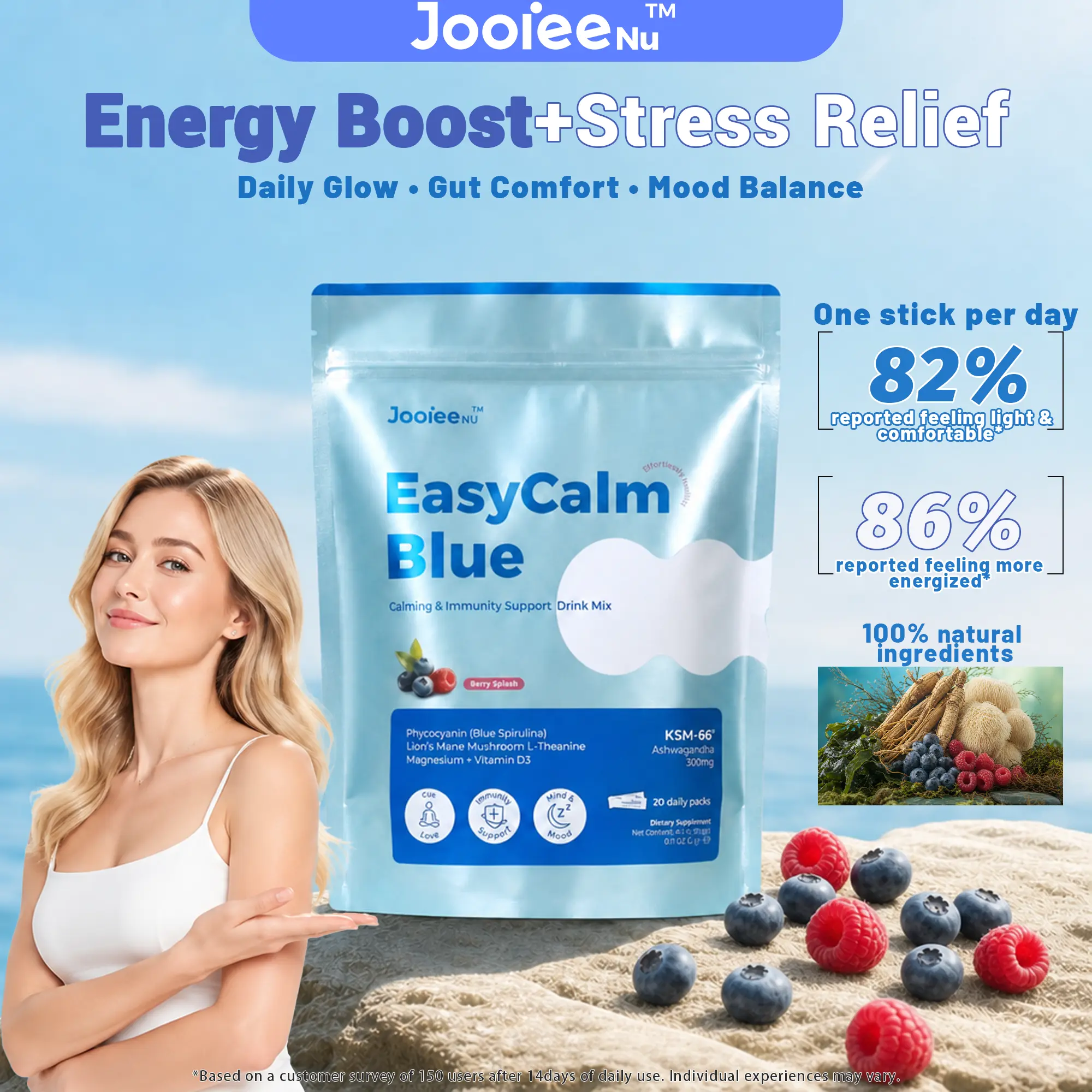 EasyCalm Blue Magnesium Drink Mix with KSM-66 Ashwagandha Blue Spirulina L-Theanine Lion's Mane GABA & Vitamin D3 | Supports Stress Calm Sleep & Cortisol Balance | 20 Travel Packets