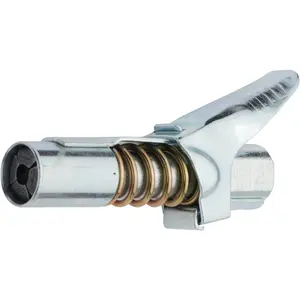 Grease Gun Coupler locks onto Zerk fittings. Grease goes in, not on the machine. World's best-selling original locking grease coupler. Rated 10,000 PSI. Long-lasting rebuildable tool.