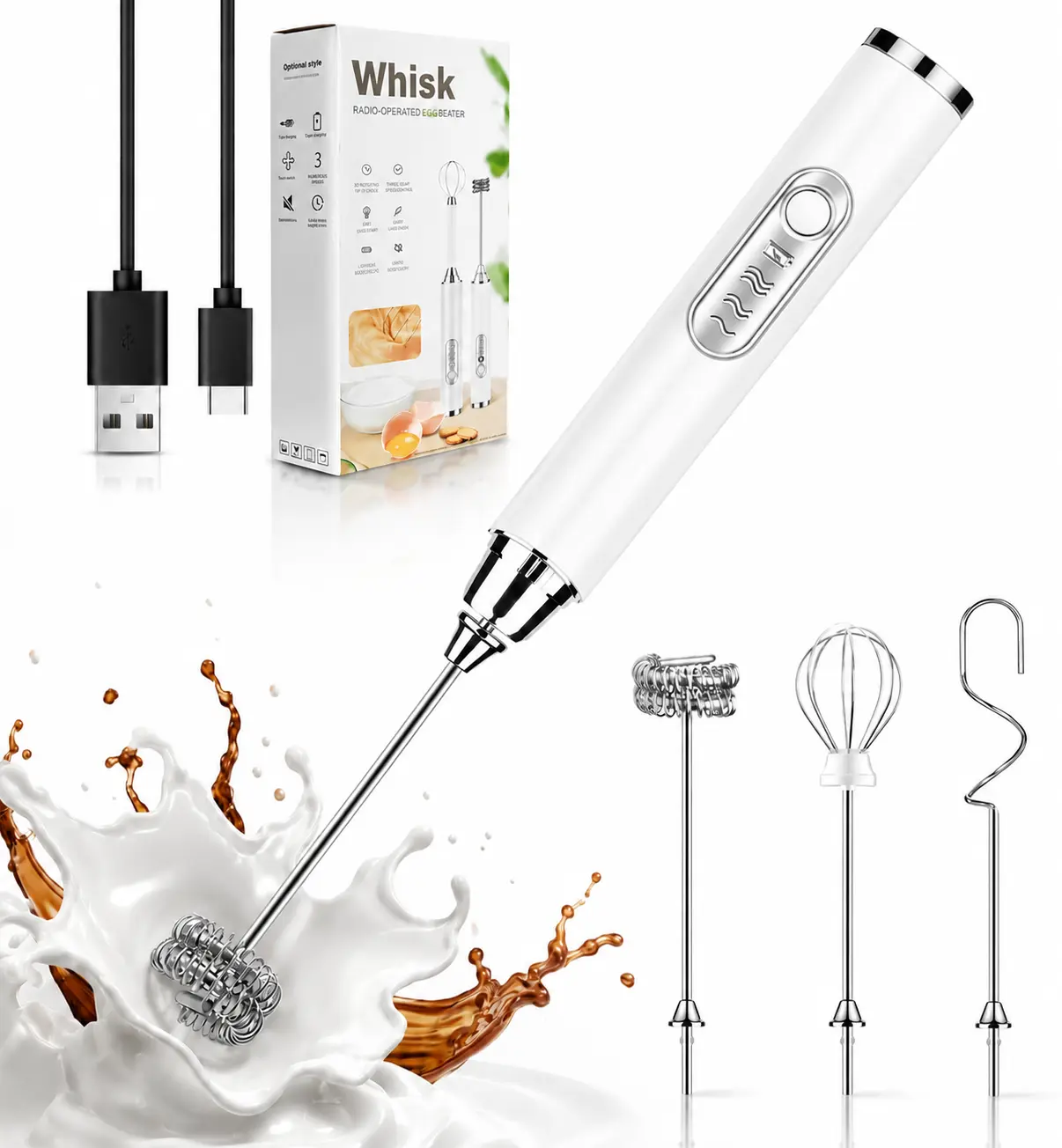 Multifunctional Handheld Electric Whisk, Rechargeable 3-Speed Milk Frother with Multiple Mixer Heads for Coffee, Eggs, Cream, Sauces, Baking & Kitchen Prep,foldable,Wooden,portable,halloween