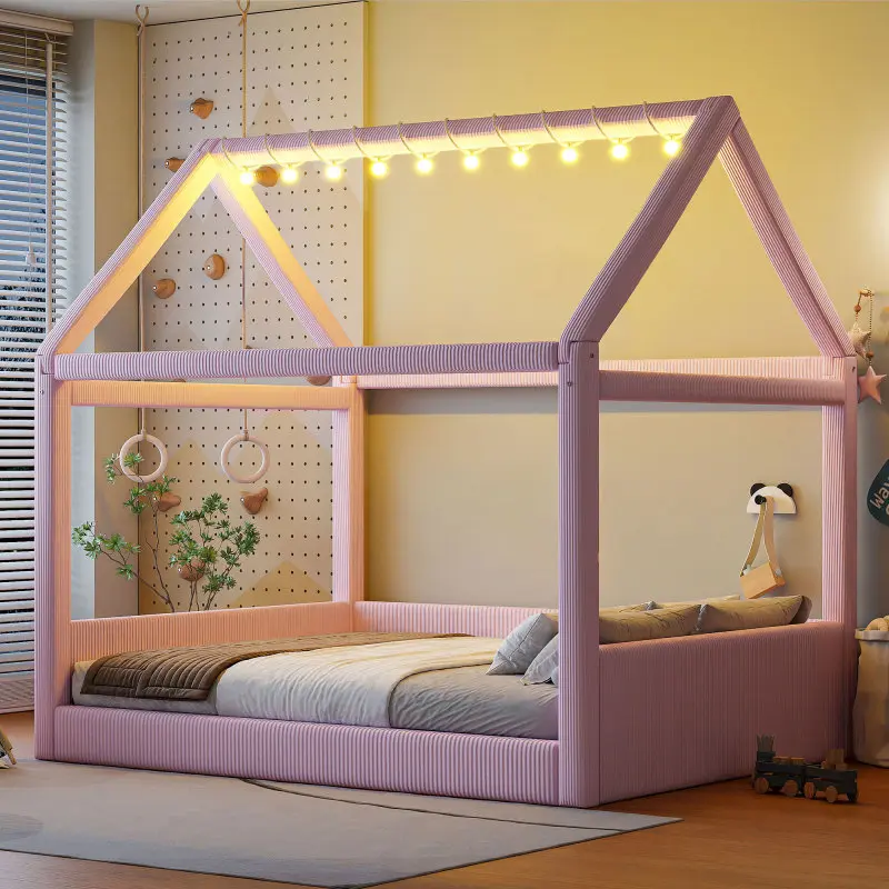 Corduroy Upholstered Full Size House Bed Frame with LED Light Strips, Roof Design, Wood Floor Compatibility for Bedroom, Pink, Corduroy Upholstery