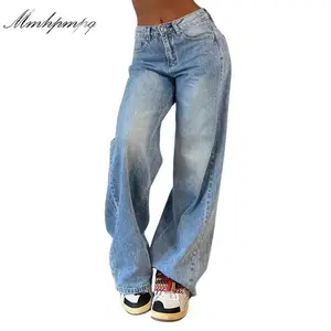 Women's high waisted denim jeans, wide leg loose jeans, washed denim jeans with pockets, denim original