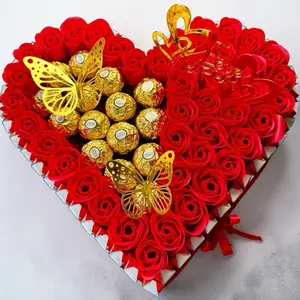 I Love You Kinder Chocolate Snack with Red Soap Flowers Heart Shape Gift Box