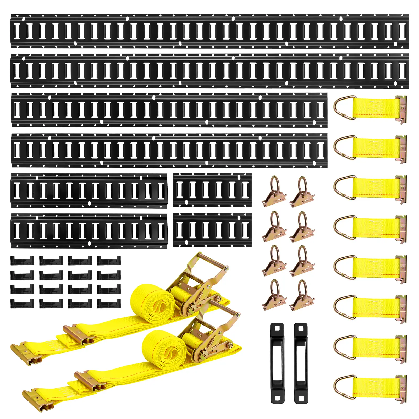 【Summerfinds】VEVOR E-Track Tie-Down Rail Kit,8 Pack (5ft+4ft+2ft+1ft) E Track Rails36 Pcs Includes 2 Ratchet Straps & 8 O-Rings & 8 Tie-Offs with D-Ring & 2 Single Slots & 16 End CapsFit for Vans Trailers