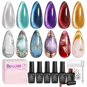 Beetles Cat Eye Gel Nail Polish Set, 6 Colors 7.5ml Magnetic Gel Nail Polish, Holographic Glitter Burgundy Red Blue Purple Gel Polish Magnetic Effect Sparkle Stunning Nail Polish Velvet Nail Salon DIY Home Easter's Gift for Women